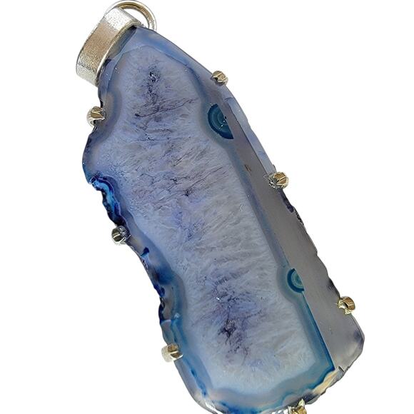 Blue Agate Slice Pendant – Sterling Silver Handmade 3" Crystal Necklace - Picture 12 of 12